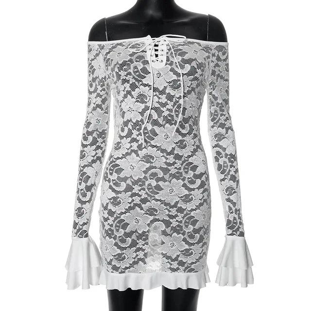 Ruffle Lace Dress For Women Off Shoulder Bandage See Through Mini Dresses Girls Summer Beach Backless Holiday Dress Woman