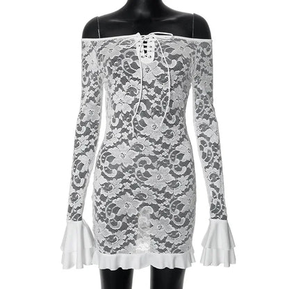 Ruffle Lace Dress For Women Off Shoulder Bandage See Through Mini Dresses Girls Summer Beach Backless Holiday Dress Woman