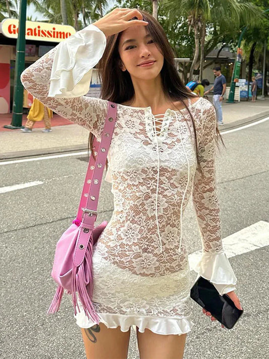 Vestido de encaje con volantes para mujer, minivestido transparente con hombros descubiertos y espalda descubierta para playa y vacaciones de verano para niña