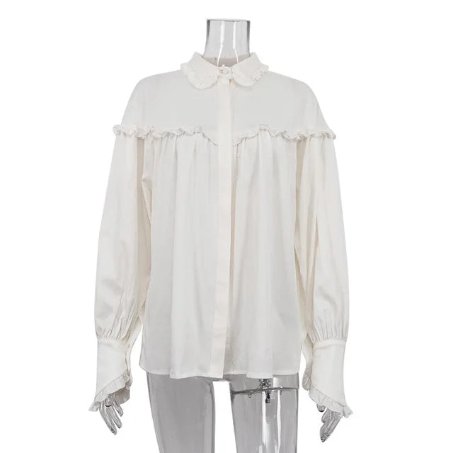 Camisas sueltas con volantes para mujer, primavera 2025, camisa blanca de cuello alto de manga larga para mujer, camisa informal de calle de gran tamaño para mujer