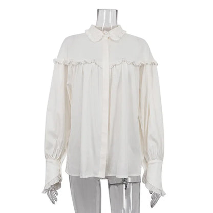 Camisas sueltas con volantes para mujer, primavera 2025, camisa blanca de cuello alto de manga larga para mujer, camisa informal de calle de gran tamaño para mujer