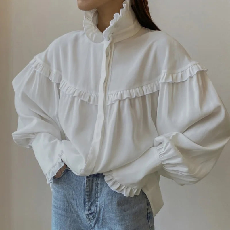 Camisas sueltas con volantes para mujer, primavera 2025, camisa blanca de cuello alto de manga larga para mujer, camisa informal de calle de gran tamaño para mujer