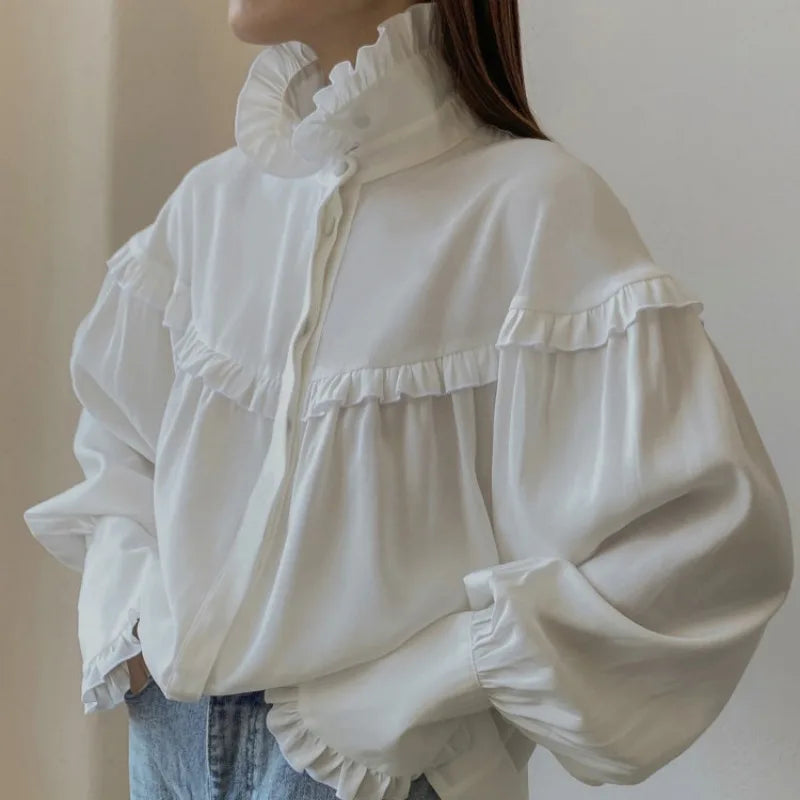 Camisas sueltas con volantes para mujer, primavera 2025, camisa blanca de cuello alto de manga larga para mujer, camisa informal de calle de gran tamaño para mujer