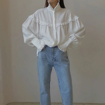 Camisas sueltas con volantes para mujer, primavera 2025, camisa blanca de cuello alto de manga larga para mujer, camisa informal de calle de gran tamaño para mujer