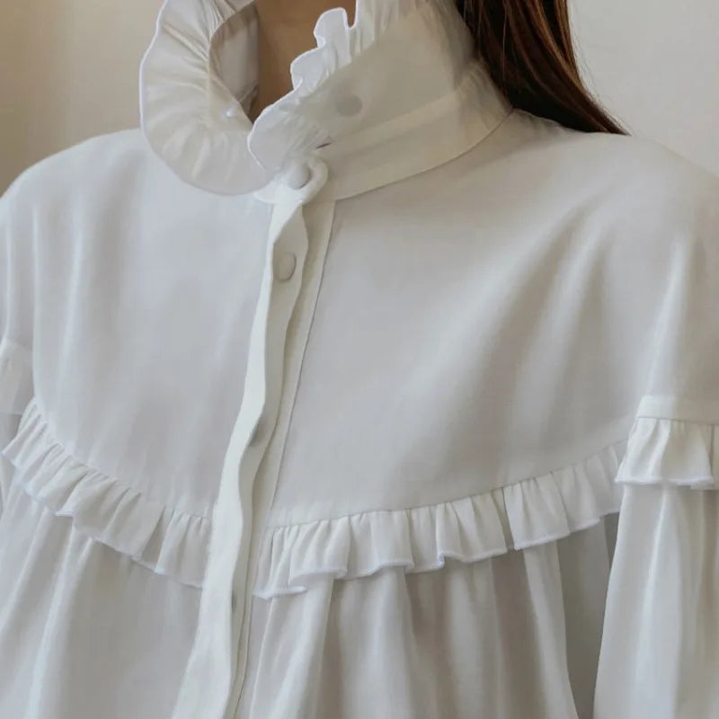 Camisas sueltas con volantes para mujer, primavera 2025, camisa blanca de cuello alto de manga larga para mujer, camisa informal de calle de gran tamaño para mujer
