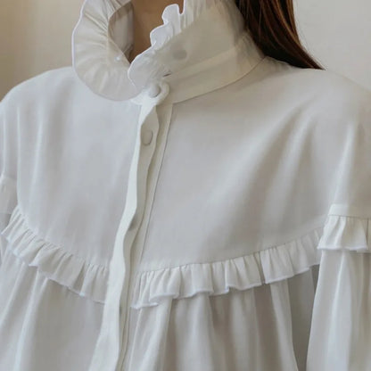 Camisas sueltas con volantes para mujer, primavera 2025, camisa blanca de cuello alto de manga larga para mujer, camisa informal de calle de gran tamaño para mujer
