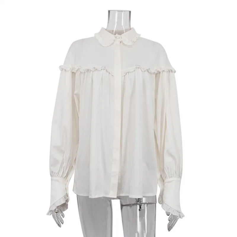 Camisas sueltas con volantes para mujer, primavera 2025, camisa blanca de cuello alto de manga larga para mujer, camisa informal de calle de gran tamaño para mujer