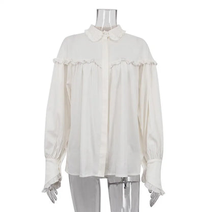 Camisas sueltas con volantes para mujer, primavera 2025, camisa blanca de cuello alto de manga larga para mujer, camisa informal de calle de gran tamaño para mujer