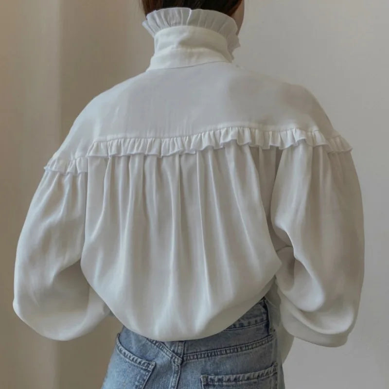 Camisas sueltas con volantes para mujer, primavera 2025, camisa blanca de cuello alto de manga larga para mujer, camisa informal de calle de gran tamaño para mujer