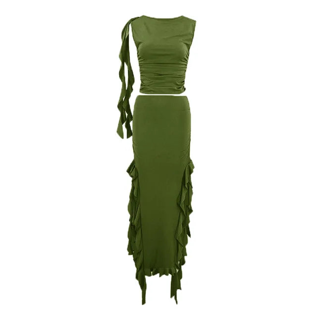 Conjuntos de vestido con abertura lateral y volantes para mujer, ajustado, sin mangas, cuello redondo, top corto, falda tubo de cintura alta, conjuntos de 2 piezas, atuendos para mujer
