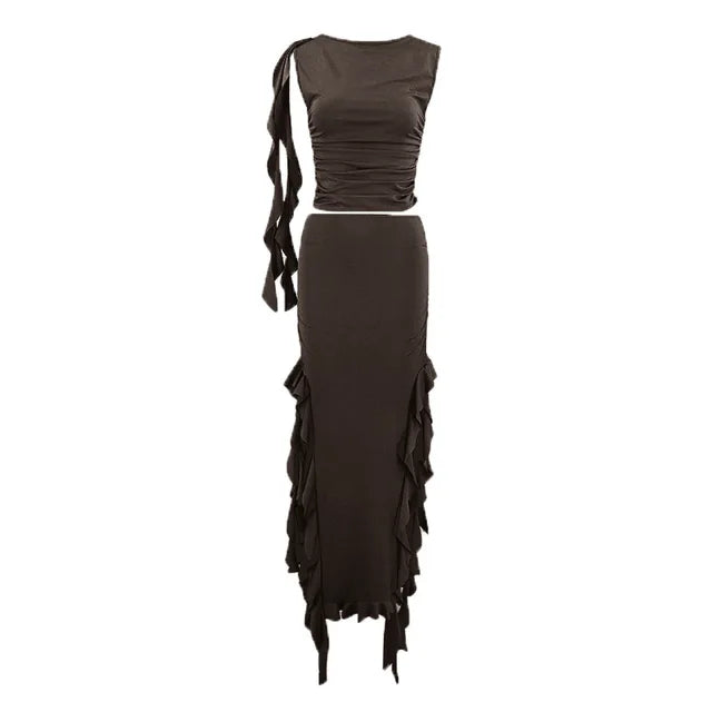 Conjuntos de vestido con abertura lateral y volantes para mujer, ajustado, sin mangas, cuello redondo, top corto, falda tubo de cintura alta, conjuntos de 2 piezas, atuendos para mujer
