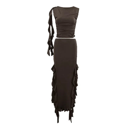 Conjuntos de vestido con abertura lateral y volantes para mujer, ajustado, sin mangas, cuello redondo, top corto, falda tubo de cintura alta, conjuntos de 2 piezas, atuendos para mujer