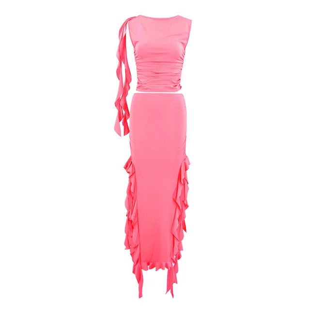 Conjuntos de vestido con abertura lateral y volantes para mujer, ajustado, sin mangas, cuello redondo, top corto, falda tubo de cintura alta, conjuntos de 2 piezas, atuendos para mujer