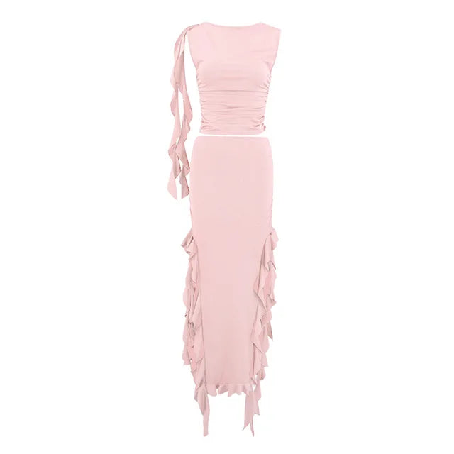 Conjuntos de vestido con abertura lateral y volantes para mujer, ajustado, sin mangas, cuello redondo, top corto, falda tubo de cintura alta, conjuntos de 2 piezas, atuendos para mujer