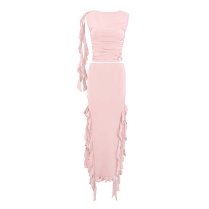 Conjuntos de vestido con abertura lateral y volantes para mujer, ajustado, sin mangas, cuello redondo, top corto, falda tubo de cintura alta, conjuntos de 2 piezas, atuendos para mujer