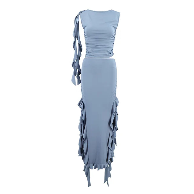 Conjuntos de vestido con abertura lateral y volantes para mujer, ajustado, sin mangas, cuello redondo, top corto, falda tubo de cintura alta, conjuntos de 2 piezas, atuendos para mujer