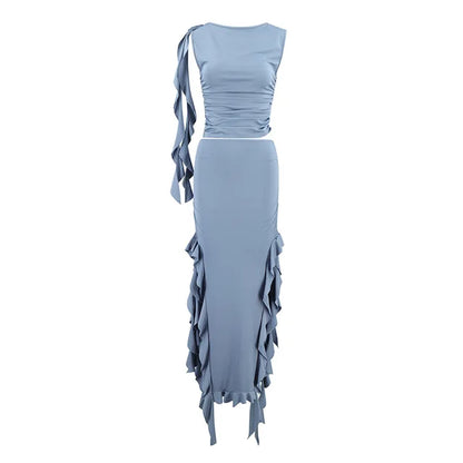 Conjuntos de vestido con abertura lateral y volantes para mujer, ajustado, sin mangas, cuello redondo, top corto, falda tubo de cintura alta, conjuntos de 2 piezas, atuendos para mujer