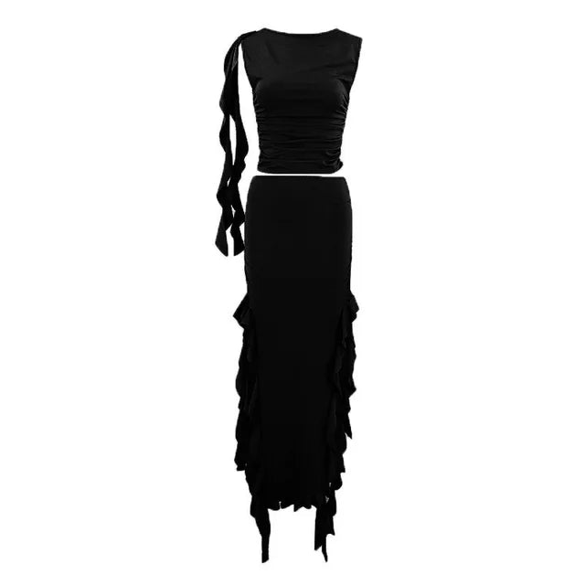 Conjuntos de vestido con abertura lateral y volantes para mujer, ajustado, sin mangas, cuello redondo, top corto, falda tubo de cintura alta, conjuntos de 2 piezas, atuendos para mujer