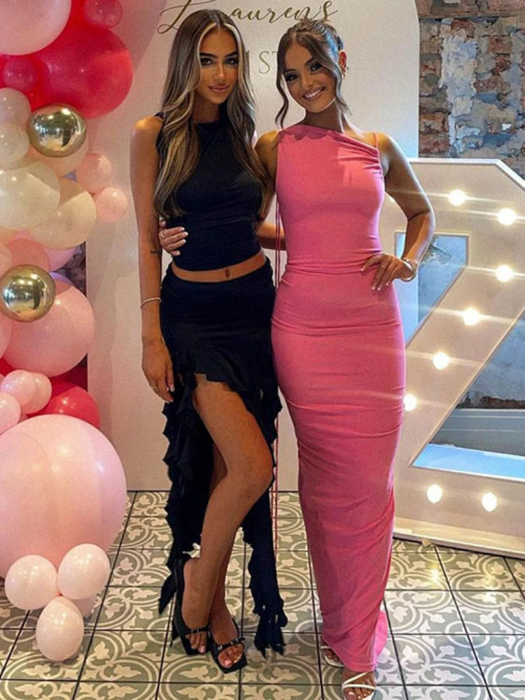 Conjuntos de vestido con abertura lateral y volantes para mujer, ajustado, sin mangas, cuello redondo, top corto, falda tubo de cintura alta, conjuntos de 2 piezas, atuendos para mujer