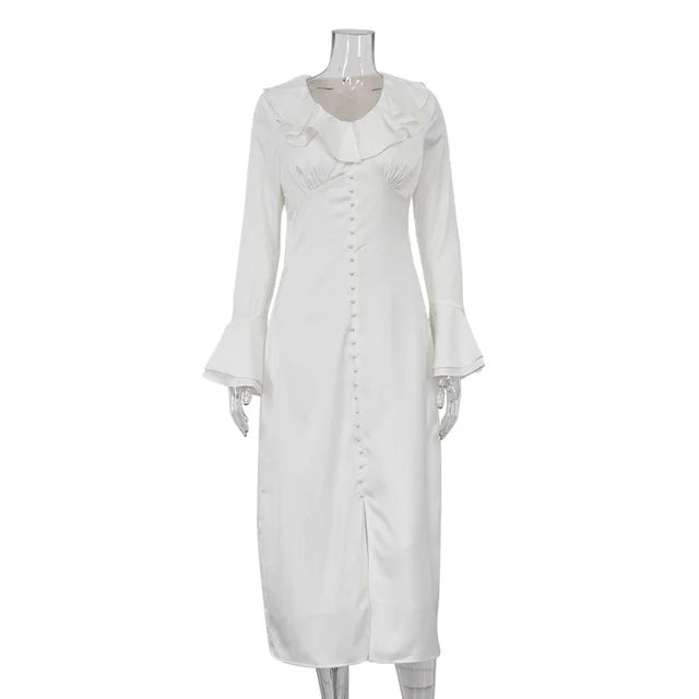 Ruffle V Neck Elegant Dress For Women Slim Long Sleeve High Waist Temperament Dresses Femme Party Slit Long Dress Woman