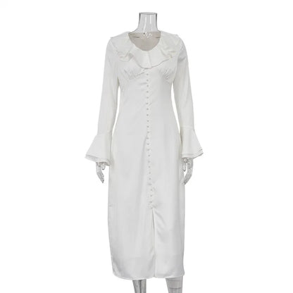 Ruffle V Neck Elegant Dress For Women Slim Long Sleeve High Waist Temperament Dresses Femme Party Slit Long Dress Woman