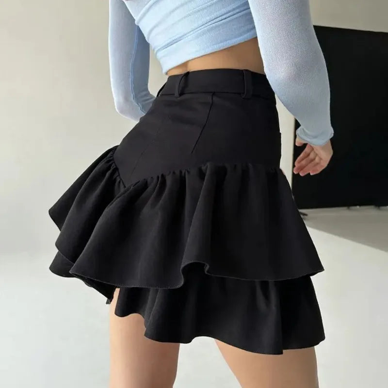 Faldas ajustadas con volantes para mujer 2025, falda negra de cintura alta con temperamento para mujer, falda elegante informal de calle con pliegues y empalmes para mujer