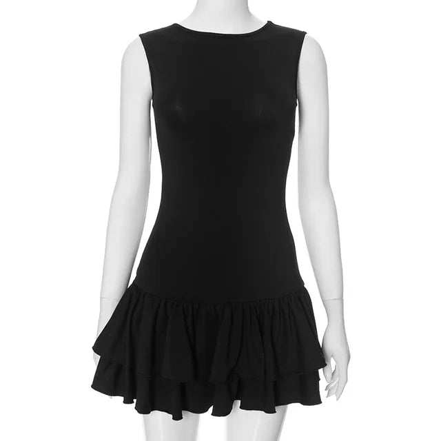 Minivestido sexy con volantes y empalme para mujer, sin mangas, ajustado, a la moda, de color liso, para fiesta y club.