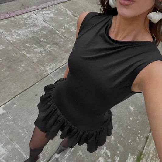 Minivestido sexy con volantes y empalme para mujer, sin mangas, ajustado, a la moda, de color liso, para fiesta y club.