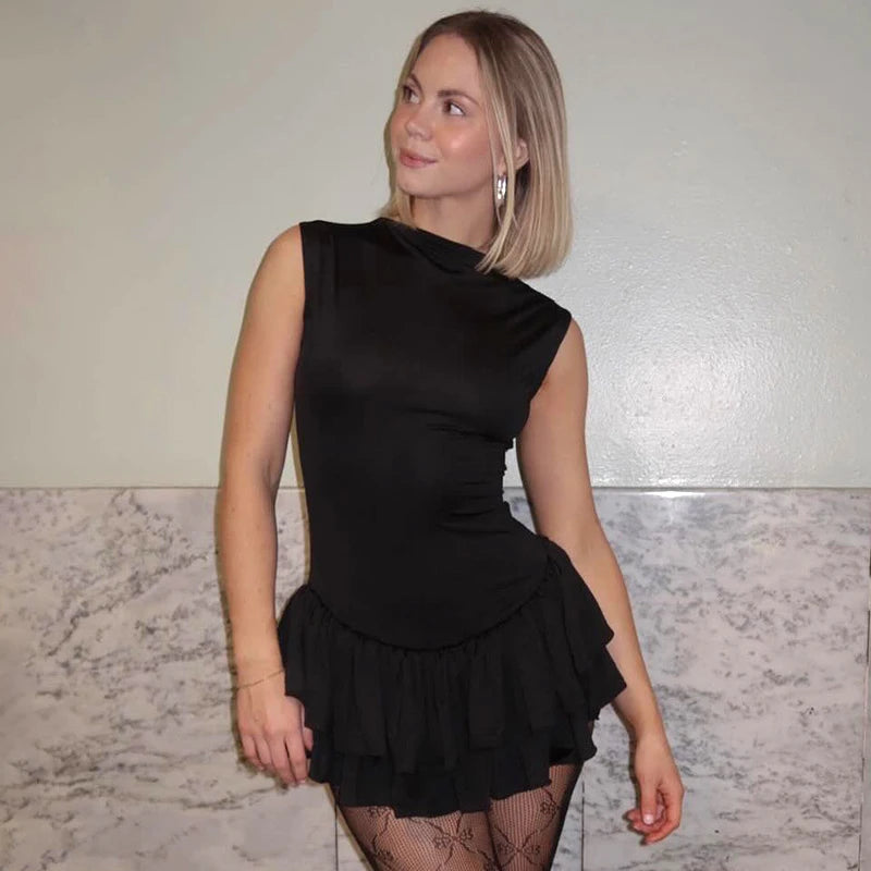 Minivestido sexy con volantes y empalme para mujer, sin mangas, ajustado, a la moda, de color liso, para fiesta y club.