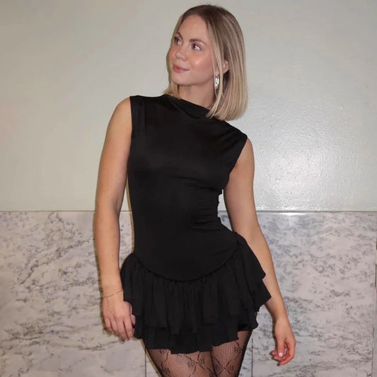 Minivestido sexy con volantes y empalme para mujer, sin mangas, ajustado, a la moda, de color liso, para fiesta y club.