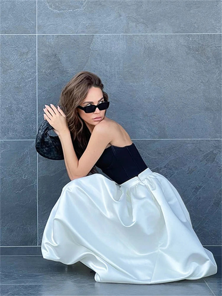 Faldas blancas elegantes de satén, faldas largas plisadas de moda para mujer, faldas de fiesta nocturnas de primavera.