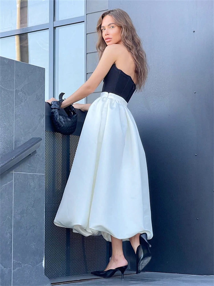 Faldas blancas elegantes de satén, faldas largas plisadas de moda para mujer, faldas de fiesta nocturnas de primavera.