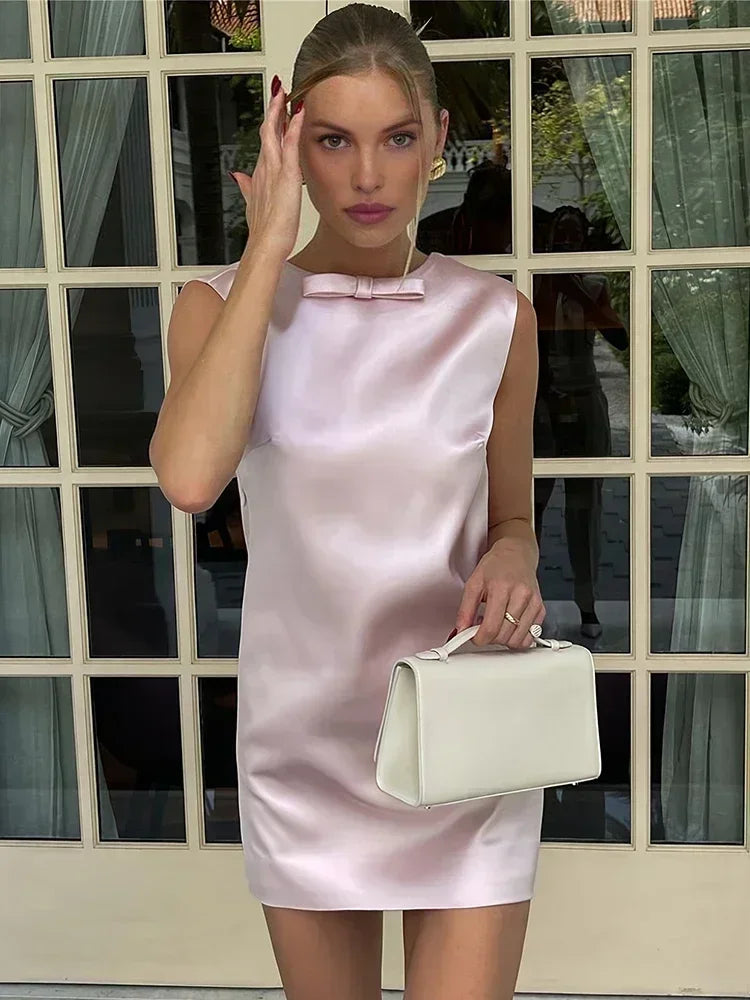 Vestido mini de satén para mujer, sexy, sin espalda, con lazo, sin mangas, para fiesta, elegante, de noche, 2025