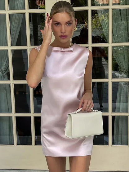 Vestido mini de satén para mujer, sexy, sin espalda, con lazo, sin mangas, para fiesta, elegante, de noche, 2025