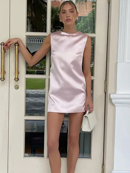 Vestido mini de satén para mujer, sexy, sin espalda, con lazo, sin mangas, para fiesta, elegante, de noche, 2025