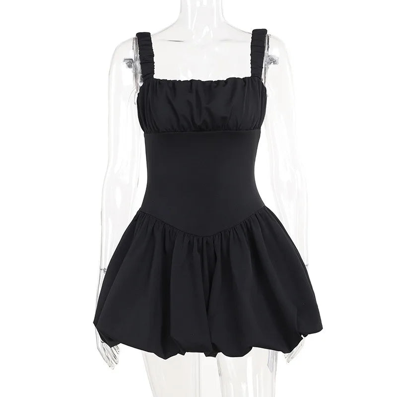 Satin Suspender Mini Dress For Women Ball Gown Splice Sexy Sleeveless Ruched Solid Summer New Princess Party Dress Female