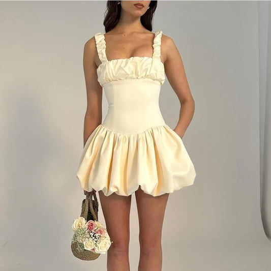 Minivestido de satén con tirantes para mujer, vestido de fiesta sexy sin mangas fruncido liso de verano, vestido de fiesta de princesa para mujer