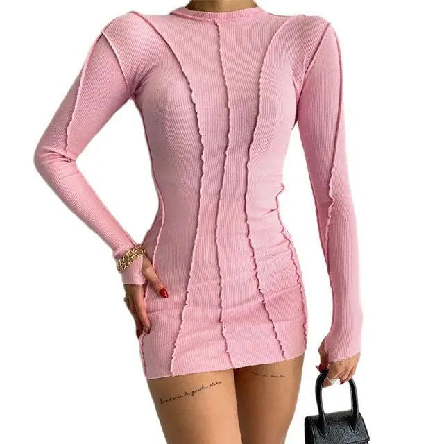 Screw Thread Mini Dress For Women 2025 Spring Ribbed Long Sleeve Bodycon Dresses Pink Streerwear Elastic Casual Vestidos