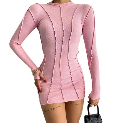 Screw Thread Mini Dress For Women 2025 Spring Ribbed Long Sleeve Bodycon Dresses Pink Streerwear Elastic Casual Vestidos