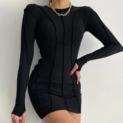 Screw Thread Mini Dress For Women 2025 Spring Ribbed Long Sleeve Bodycon Dresses Pink Streerwear Elastic Casual Vestidos
