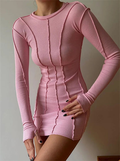 Screw Thread Mini Dress For Women 2025 Spring Ribbed Long Sleeve Bodycon Dresses Pink Streerwear Elastic Casual Vestidos