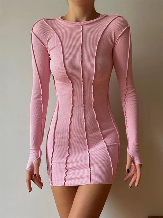 Vestido mini con rosca para mujer, primavera 2025, acanalado, manga larga, ajustado, rosa, ropa de calle, elástico, informal.