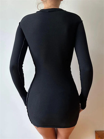 Screw Thread Mini Dress For Women 2025 Spring Ribbed Long Sleeve Bodycon Dresses Pink Streerwear Elastic Casual Vestidos