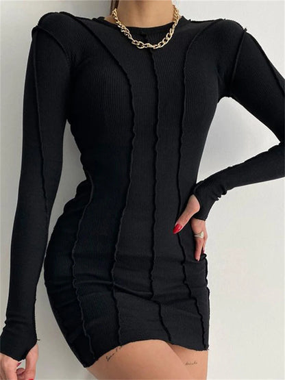Screw Thread Mini Dress For Women 2025 Spring Ribbed Long Sleeve Bodycon Dresses Pink Streerwear Elastic Casual Vestidos