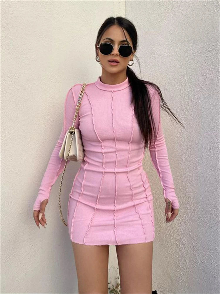Screw Thread Mini Dress For Women 2025 Spring Ribbed Long Sleeve Bodycon Dresses Pink Streerwear Elastic Casual Vestidos