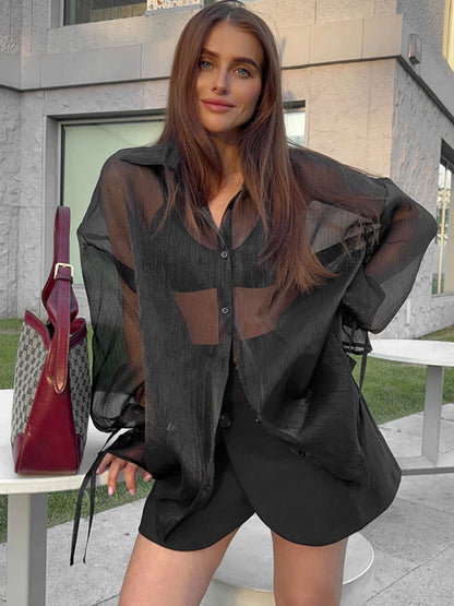 Cárdigan de malla transparente para mujer, camisas de manga larga con cordones a la moda, camisa informal holgada negra para mujer, novedad 2025