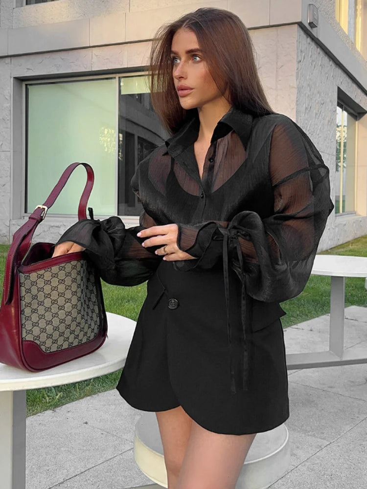 Cárdigan de malla transparente para mujer, camisas de manga larga con cordones a la moda, camisa informal holgada negra para mujer, novedad 2025
