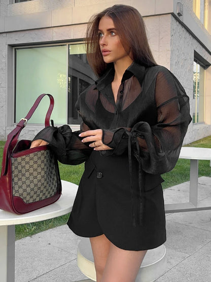 Cárdigan de malla transparente para mujer, camisas de manga larga con cordones a la moda, camisa informal holgada negra para mujer, novedad 2025