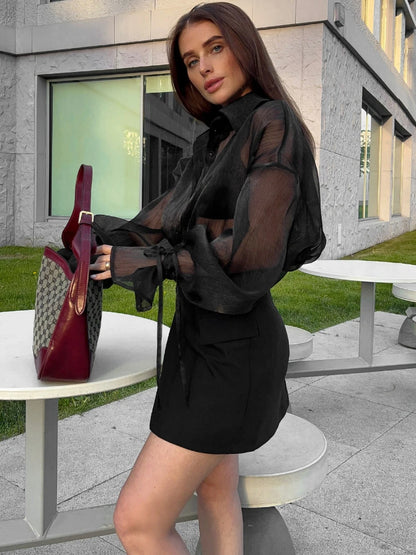 Cárdigan de malla transparente para mujer, camisas de manga larga con cordones a la moda, camisa informal holgada negra para mujer, novedad 2025
