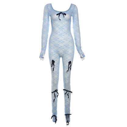 Mono sexy de malla transparente para mujer, con lazo y empalme de manga larga, ajustado, de una pieza, para fiesta y club